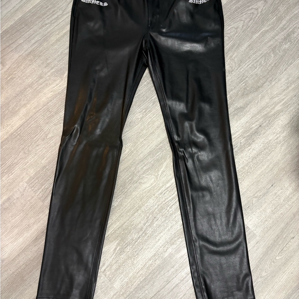 RtA Black Faux Leather Leggings with Rhinestone Waist Detail